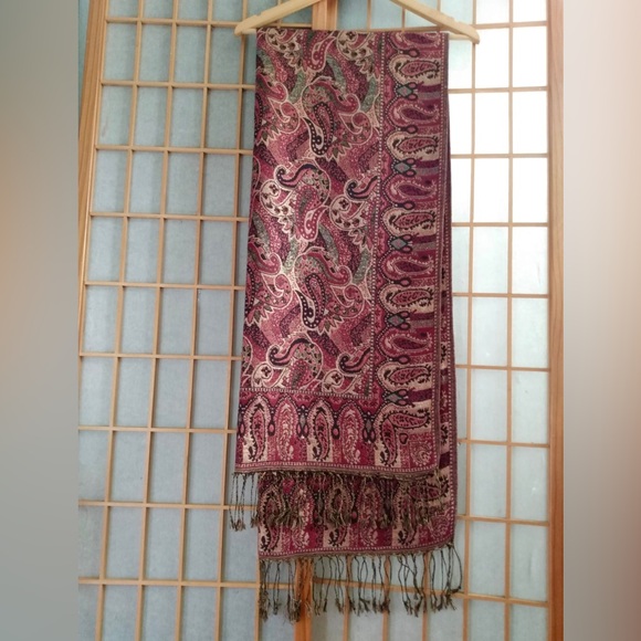 New - Large Paisley Middle Eastern Fringe Rectangular Scarf - Red Multicolor - Picture 1 of 8